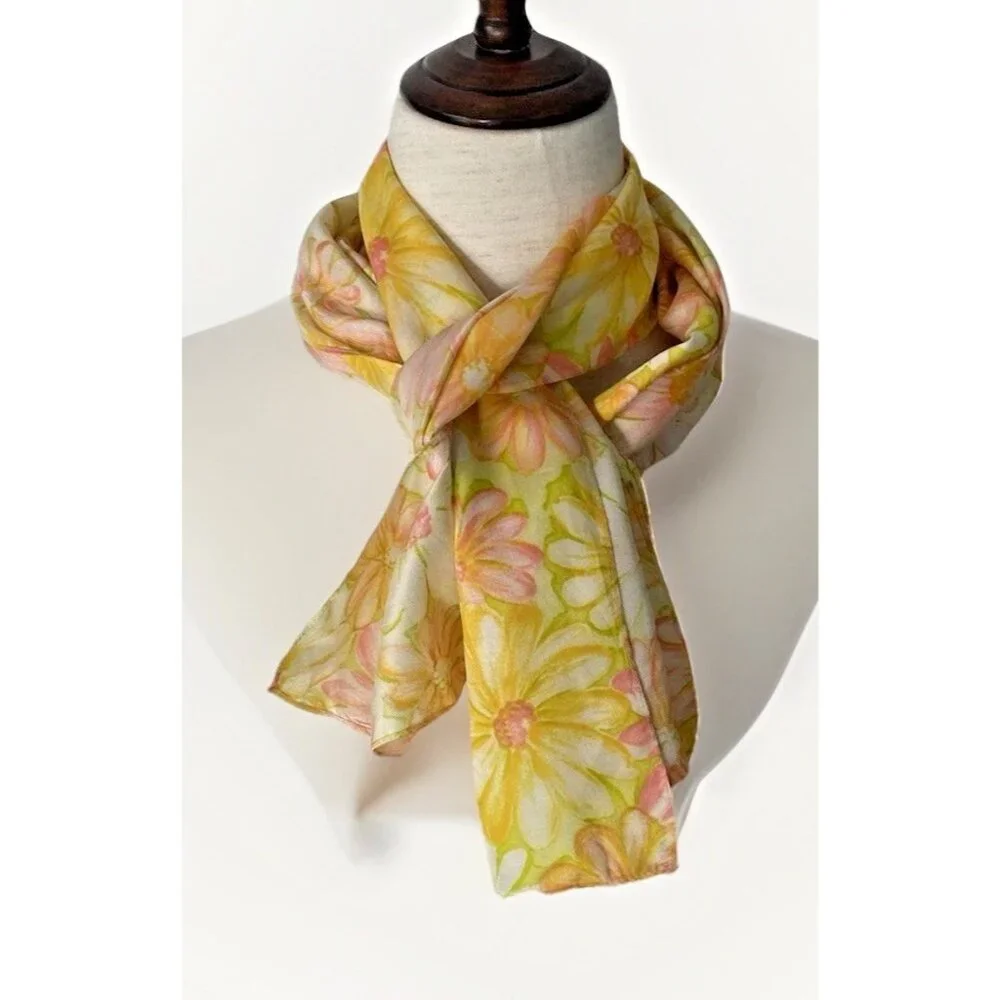 Vintage Floral Scarf Yellow Pink Daisy Sheer Mod Retro 60s 70s 13 x 53 Cottage - Picture 2 of 8